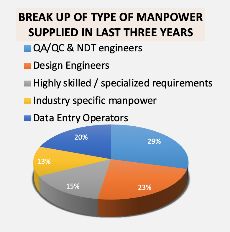 Pie chart representing the type and quantity of manpower supplied by Conceptia in the past three years.